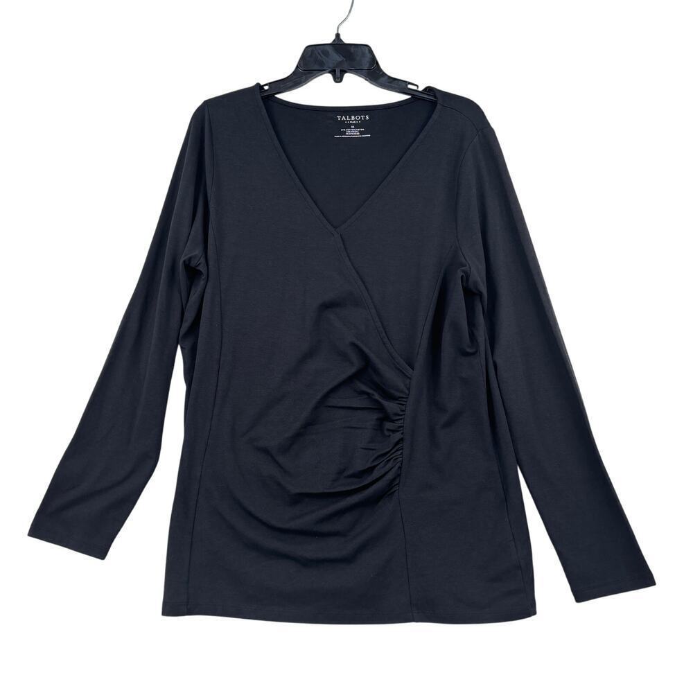 Talbots Knit Top Womens Size 1X Black Ruched Long Sleeve Stretch Modal Cotton